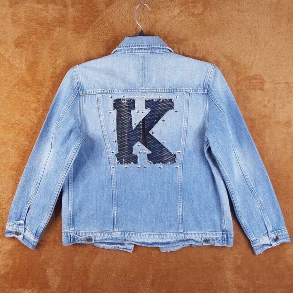 GOOD AMERICAN Womens Jacket Size 1 Light Wash Jean Letter K Mesh Varsity Denim